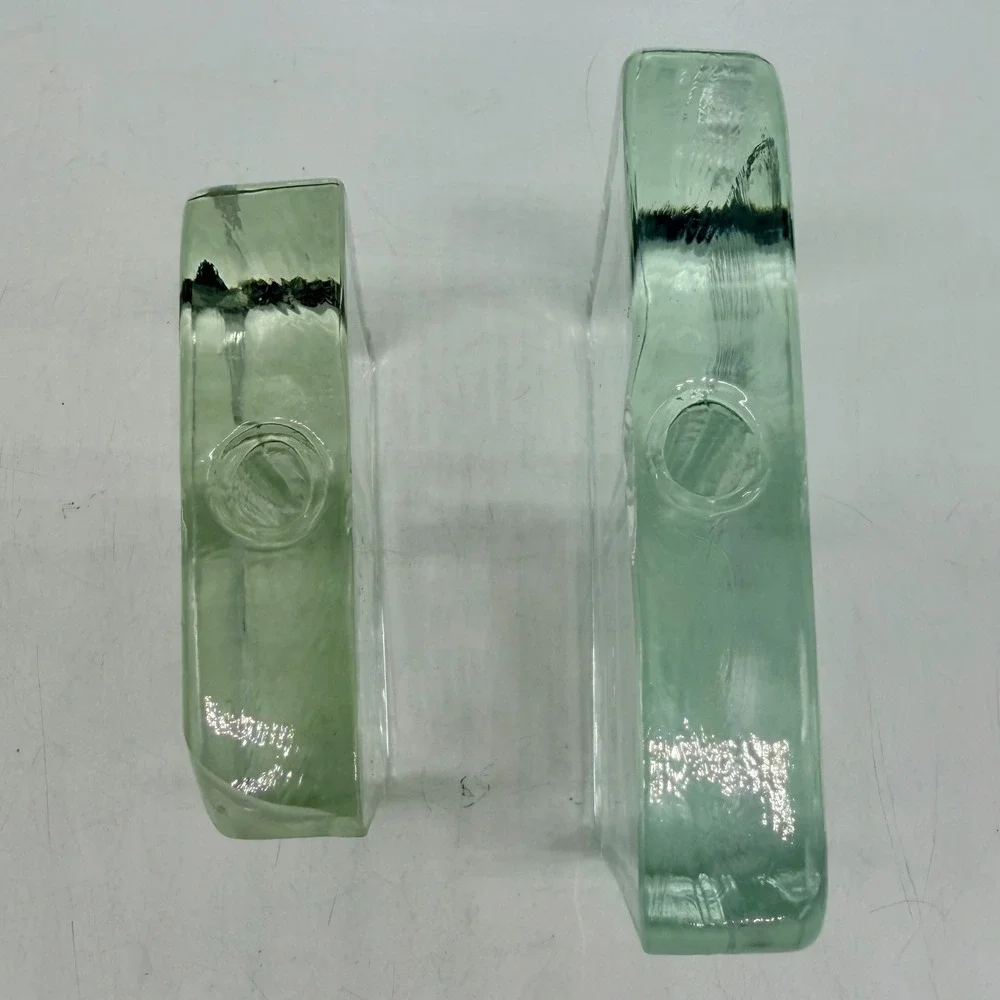 Set of 2 Square Glass Block Bud Vases Minimalist Green Tint Chipped Good